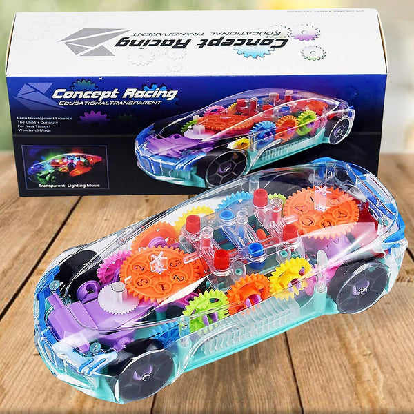 Automatic 360 Degree Rotating Transparent Gear Concept Car with Musical and 3D Flashing Lights Toy for Kids Boys & Girls (Multicolor / Battery Not Included)