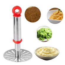 Ganesh potato/pav bhaji masher with plastic handle, silver and plastic, oval shape.